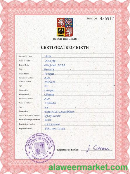 Czechia vital record birth certificate PSD template
